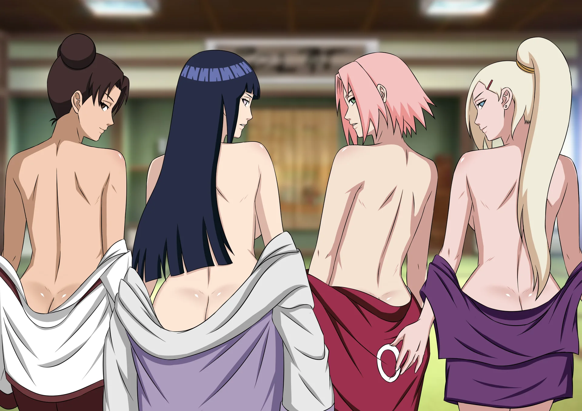 Naruto group shot from behind in a traditional room