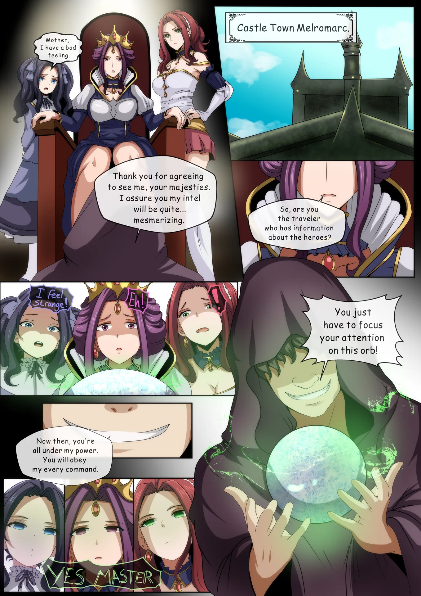 Shield Hero comic page, throne-room hypnosis scene