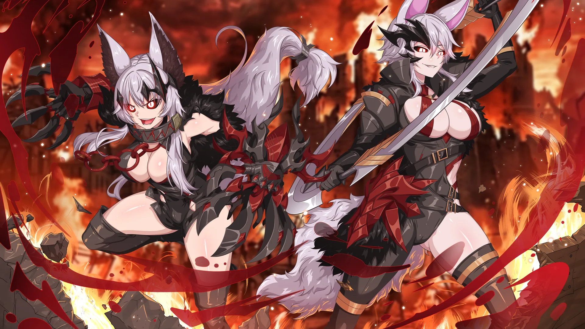 Wolf-girl warriors in a fiery battle scene